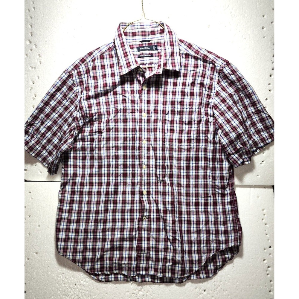 Nautica Shirt Mens XXL Maroon White Plaid Casual Short Sleeve Wrinkle Resistant